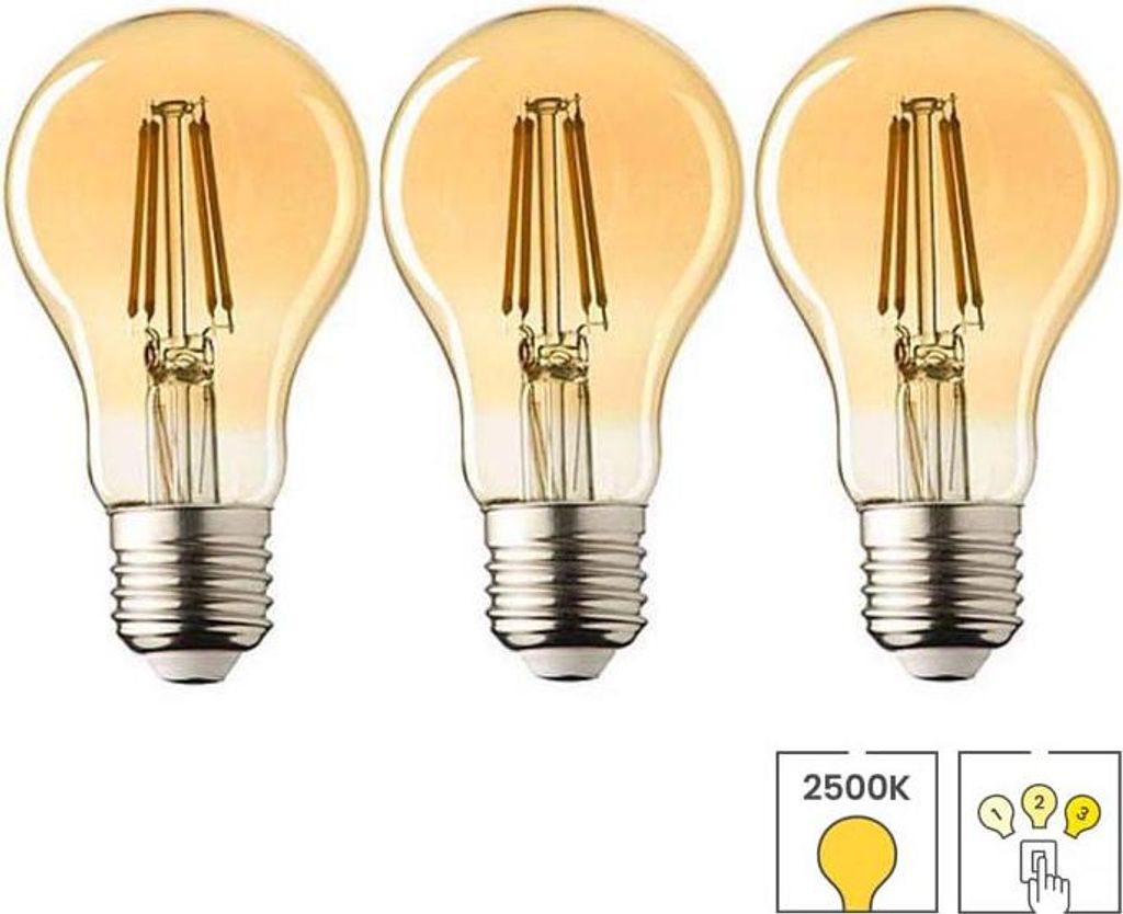 3-er Set LED-Lampen E27 | 3-stufig dimmbar | 4 Watt | 2500K warmweiß | Filament Lybardo