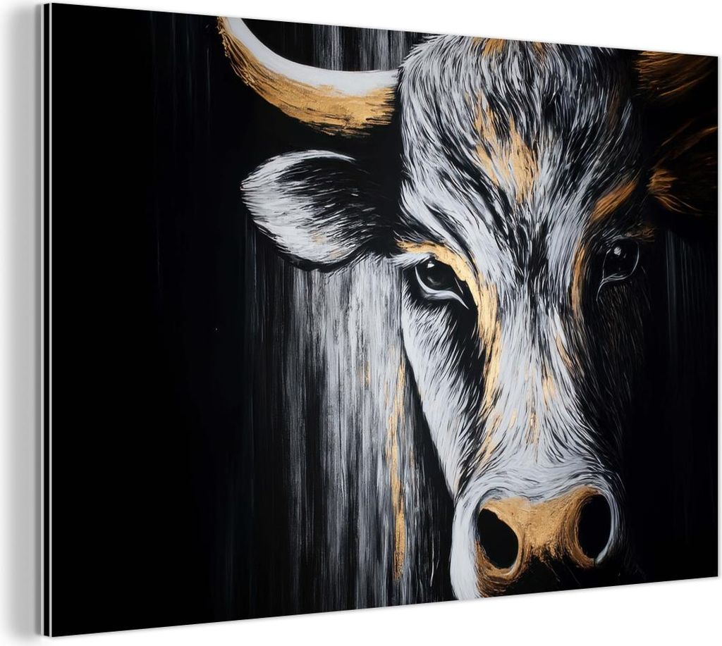 MuchoWow Wanddekoration Metall Metallbild Wandkunst 150x100 cm Stier - Hörner - Maulkorb - Gold MuchoWow Aluminium Gemälde - Alu Dibond Bild