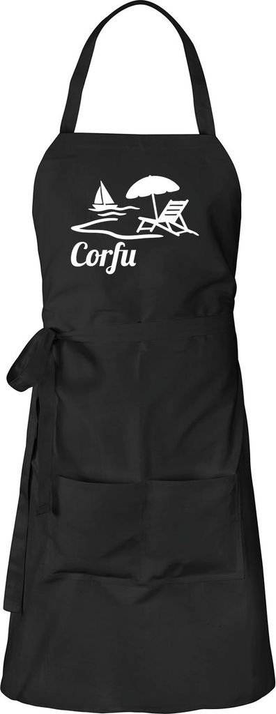 Huuraa Schürze Corfu Griechenland Schwarz mit Taschen Baumwolle Kochschürze Geschenkidee