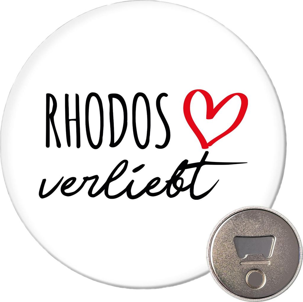 Huuraa Magnet Rhodos verliebt 59mm Kühlschrankmagnet rund Flaschenöffner Geschenkidee