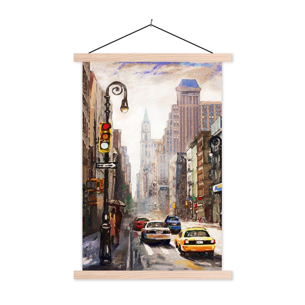 MuchoWow Textilposter Gemälde - Stadt - Auto - Öl 60x90 cm mit holzfarbenen Rahmen - Textil