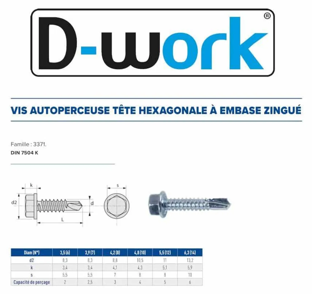 500 Vis Autoperceuses D-Work 3.9x19 mm DIN 7504 K à Tête Hexagonale