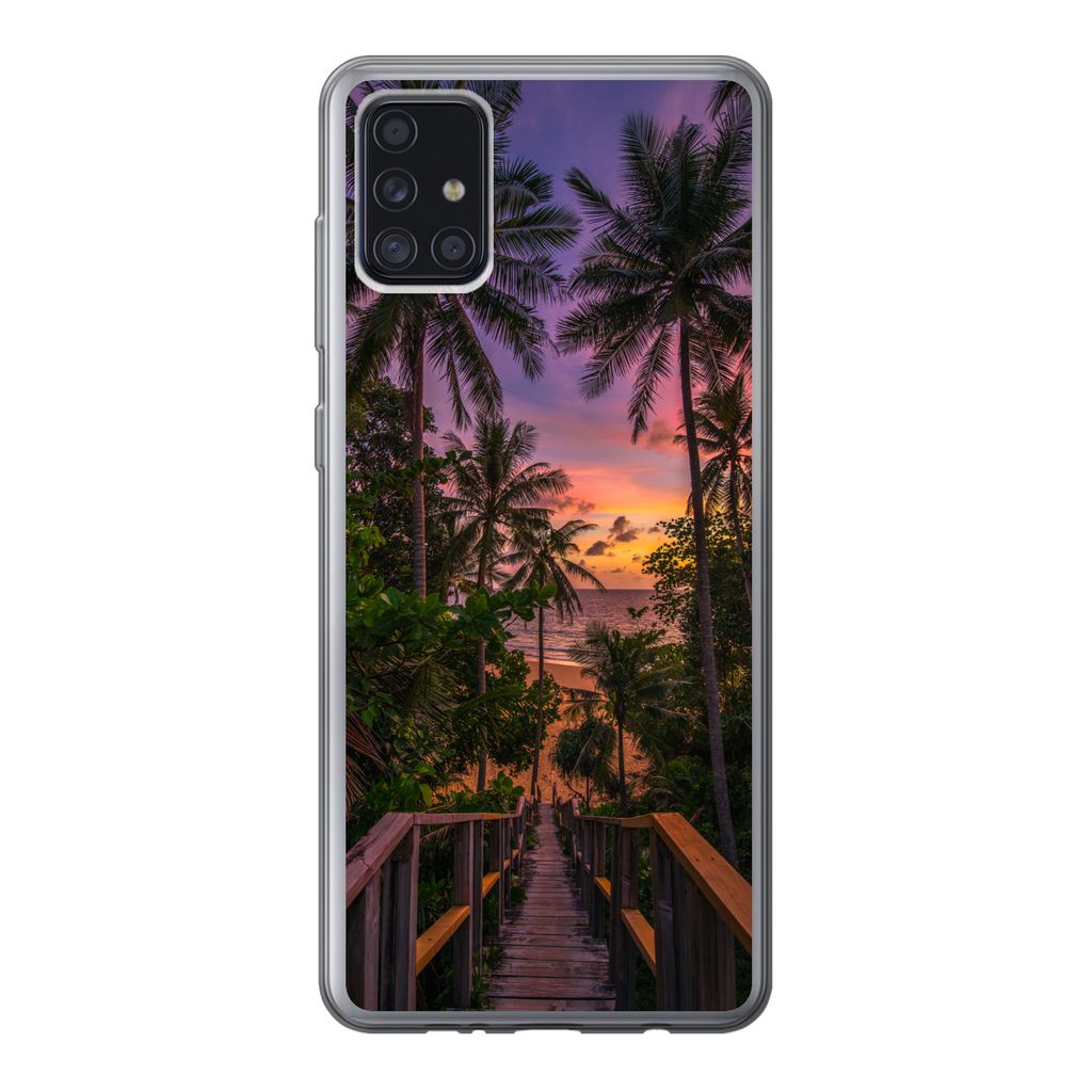 MuchoWow Handyhülle Schutzhülle Hülle für Samsung Galaxy A52 5G Sonnenuntergang - Palmen - Strand Silikon Softcase Handy Hülle - Umschlag