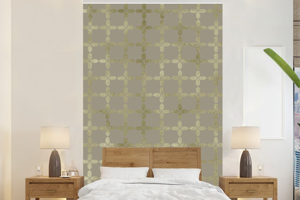 MuchoWow Fototapete für Wohnzimmer oder Schlafzimmer Wandtapete Vinyl Motivtapete Muster - Gold - Grau - Luxus - 195x300 cm - Das Hintergrundbild