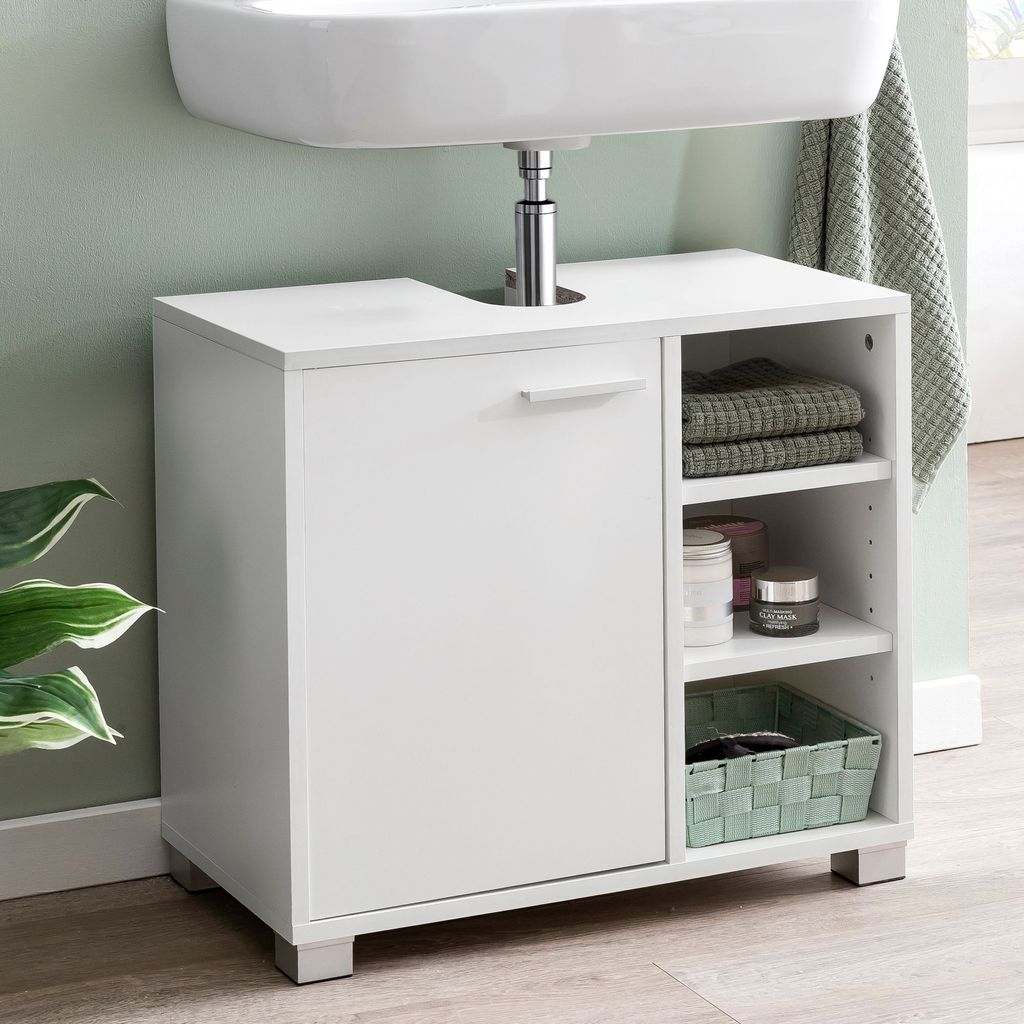 FineBuy Waschbeckenunterschrank 60x55x32 cm weiß mit Tür Unterschrank Waschbecken Badezimmer Waschtischunterschrank mit Fächern Badezimmerschrank
