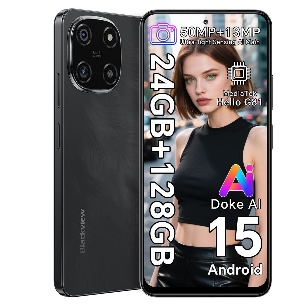 Blackview Color 6 Handy 24GB+128GB/2TBTF, Octa Core,Super PD 50MP, AI, MTK Helio G81,Android 15 Smartphone ohne vertrag, 6.67“,Dual SIM,18W, Face ID