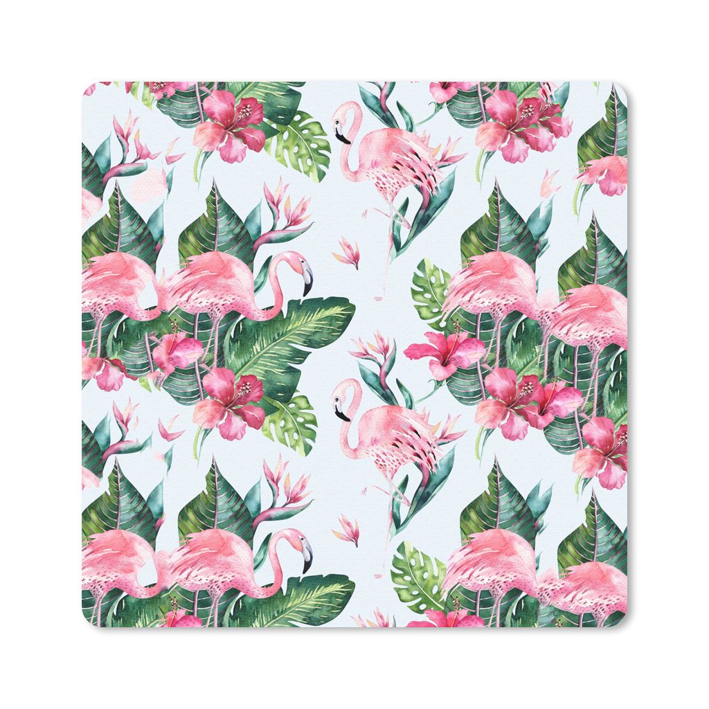 MuchoWow Mauspad Mousepad Flamingo - Blumen - Blätter - Muster 20x20 cm - Mousepads - Maus Mat - Pad - Mausunterlage - Desk Mat - Bureauartikeln