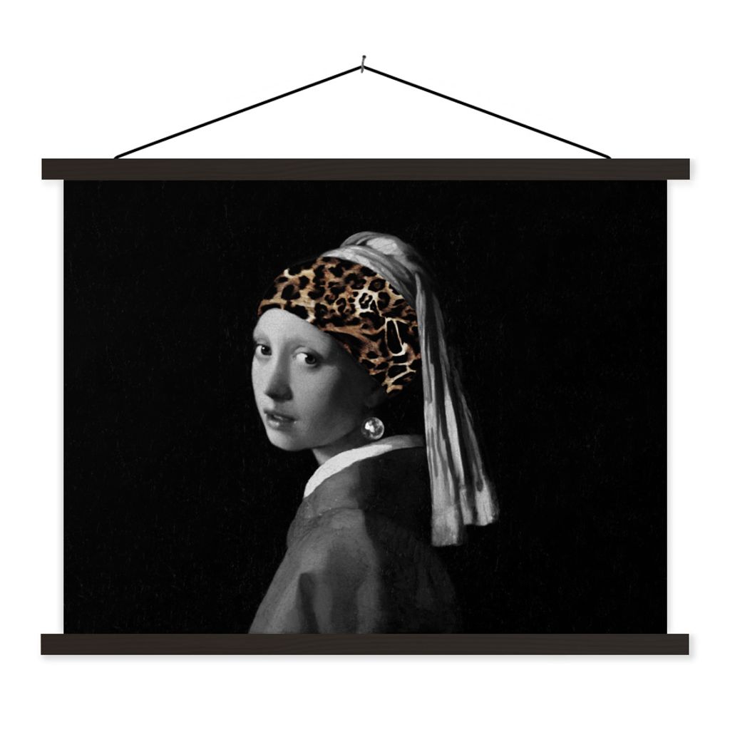 MuchoWow Textilposter Kunst - Girl with a Pearl Earring - Panther 150x113 cm mit schwarzem Rahmen - Wohnzimmer