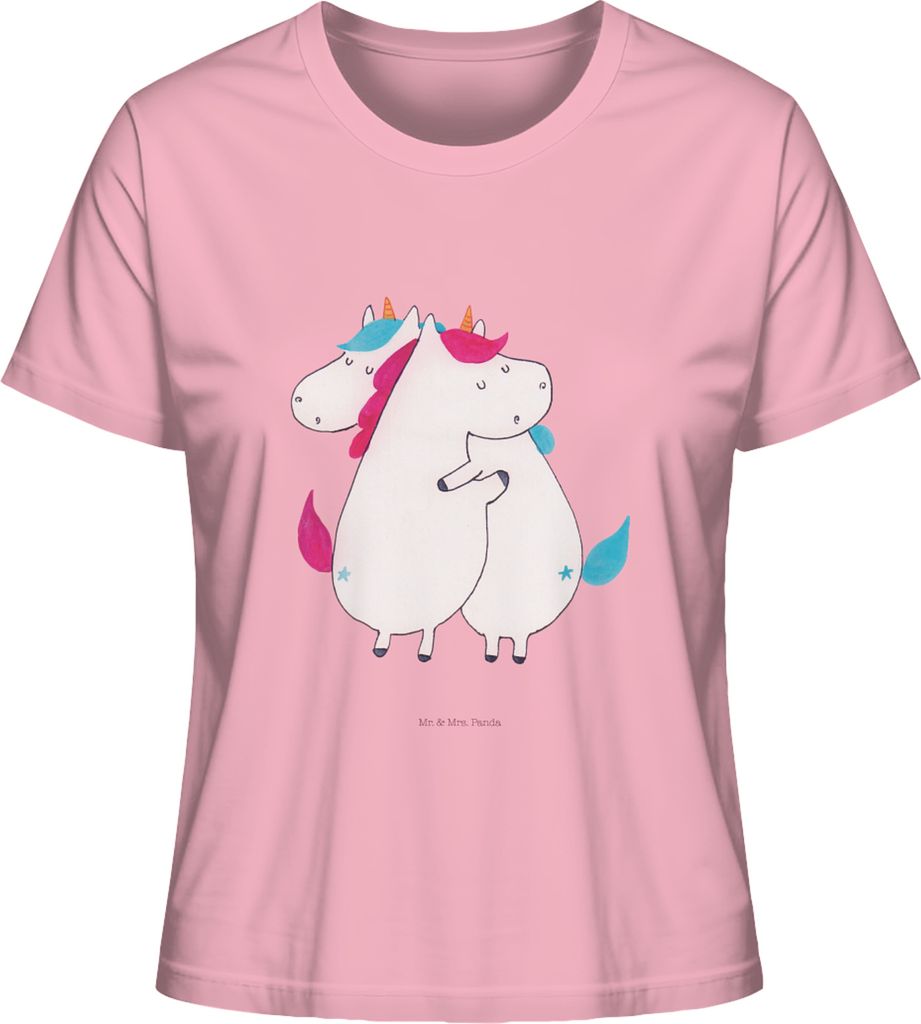 Mr. & Mrs. Panda Damen Basic T-Shirt Einhörner Umarmen Größe M - Baumwolle Pink - Geschenk, Unicorn, Freundinnen, Shirt, Liebe, Familie, Baumwol...