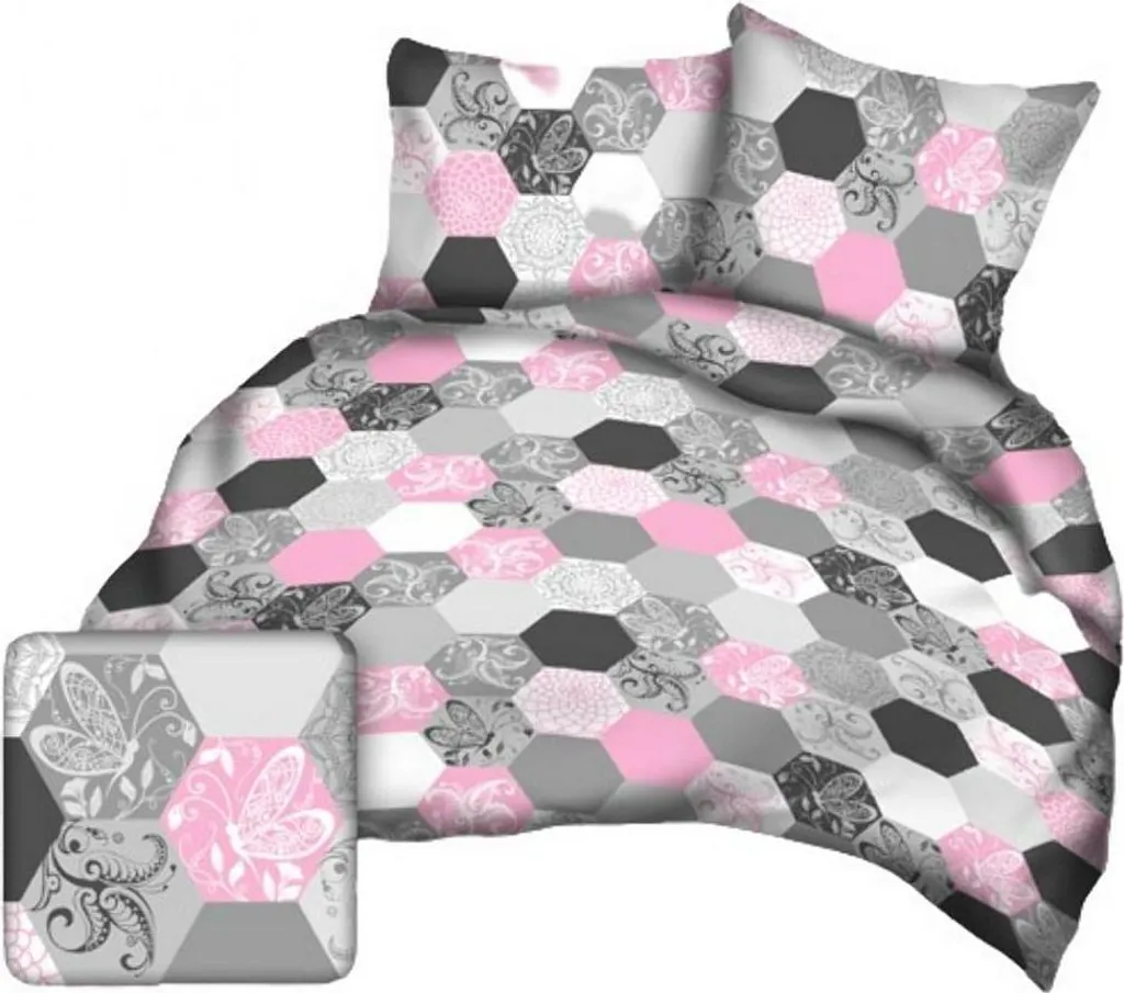 Parure de lit 2 personnes 160x200 cm KARO gris rose à hexagones