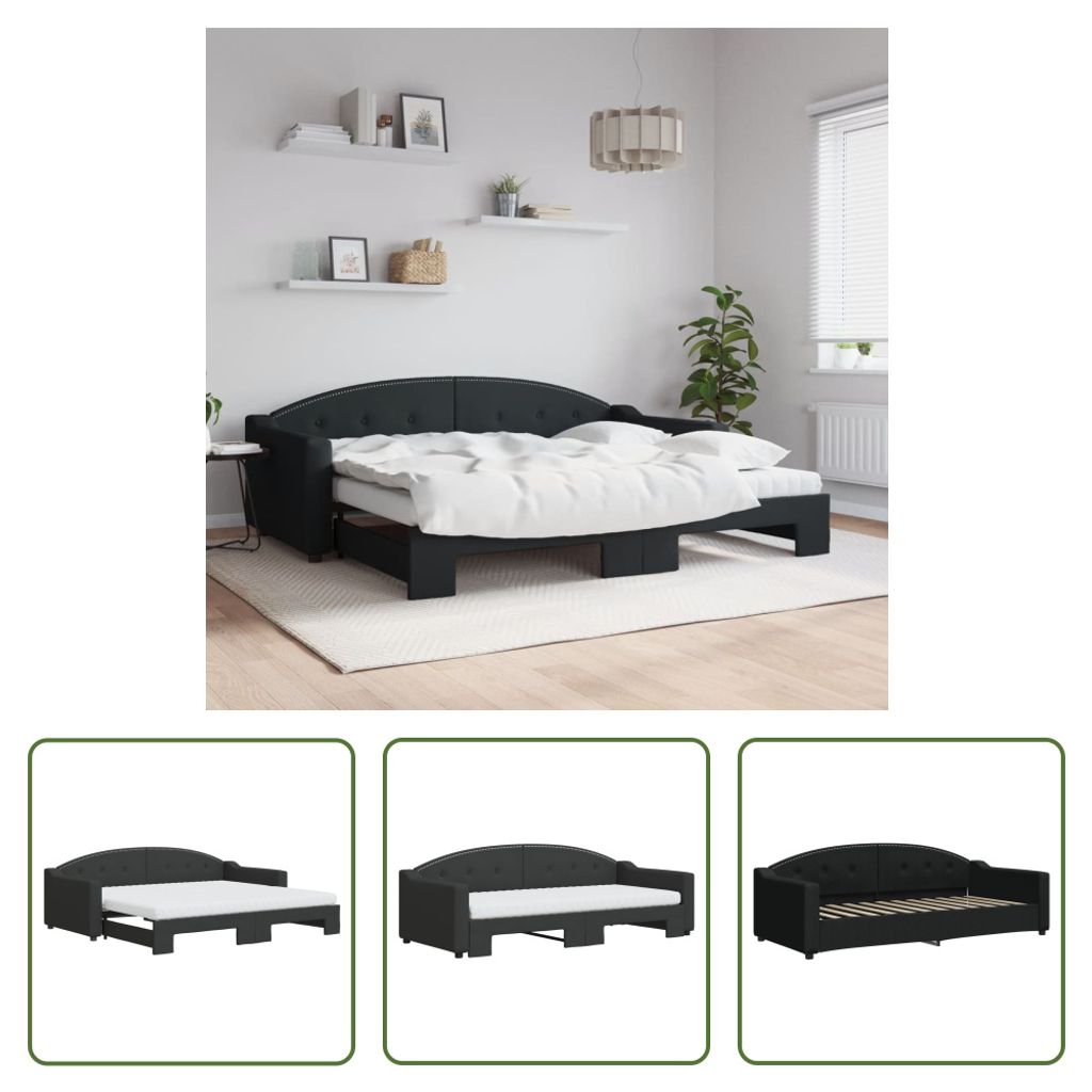 The Living Store Tagesbett Ausziehbar mit Matratzen Schwarz 90x200 cm Stoff