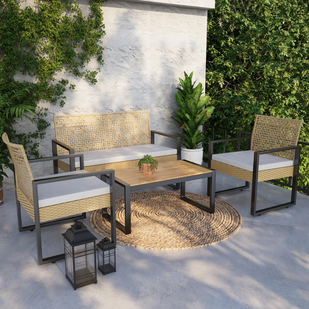 Mobilier de jardin Calciano 4 pièces résistant aux UV avec table et banc