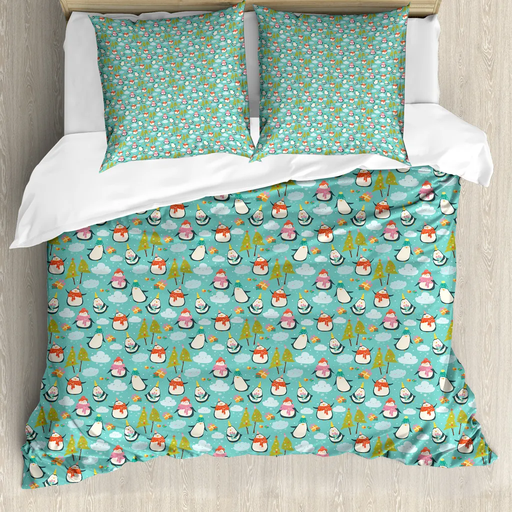 Housse de couette 155x220 cm Happy Noel Penguins avec taie d'oreiller