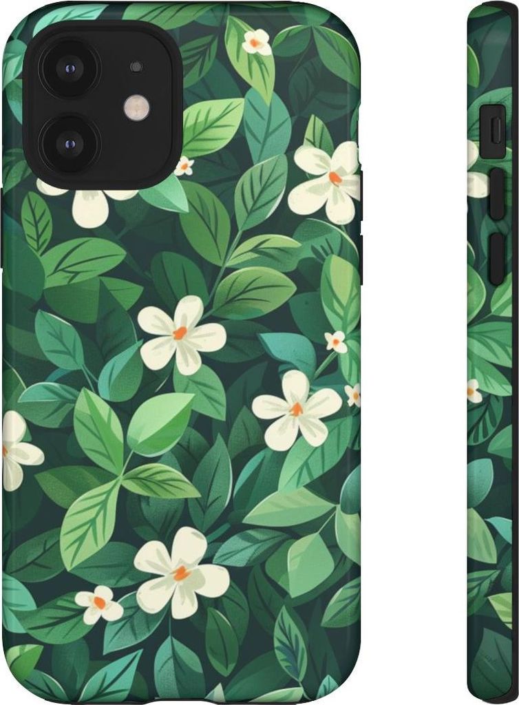 Grünes Blätter- und weiße Blumenmuster – Hülle Kompatibel mit iPhone 12