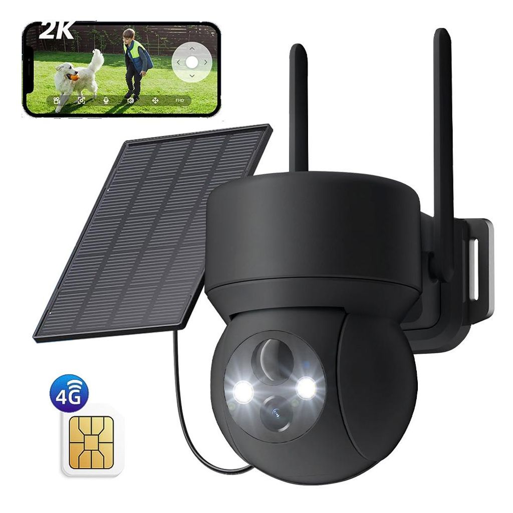 4G LTE Überwachungskamera Aussen Solar mit SIM Karte Ohne WLAN 2K PTZ Kabellos IP Kamera Outdoor Ohne WLAN PIR Erkennung Farb/IR Nachtsicht