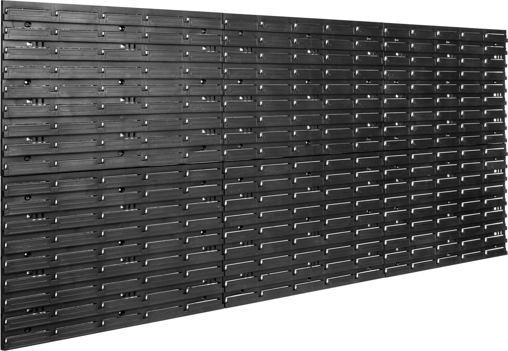 A wall of black plastic storage modules, likely for organizing tools or small items.