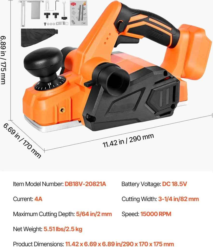 Pialle elettriche a batteria - Larghezza di taglio 82 mm - Motore brushless - Velocità 15.000 giri/min - Profondità di taglio regolabile - Compatibile con batteria da 18 V - Per la lavorazione del legno - Solo utensile - 7