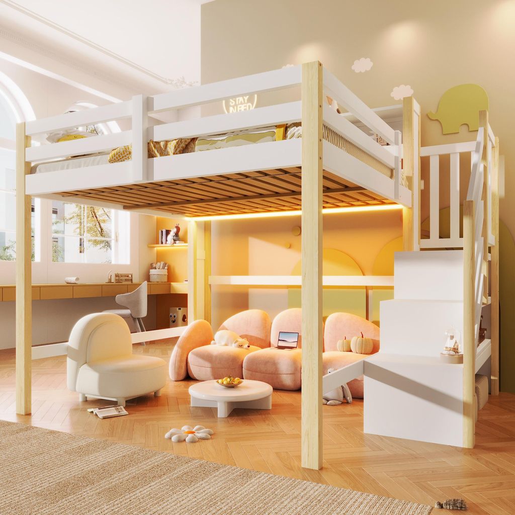Flieks Etagenbett 140x200cm mit Led, Kinderbett mit Rausfallschutz und Treppe, Hochbett Holzbett mit Lattenrost, Naturbelassen