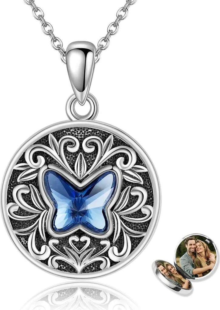 Collier papillon argent 925 anti-allergie médaillon photo et cristal