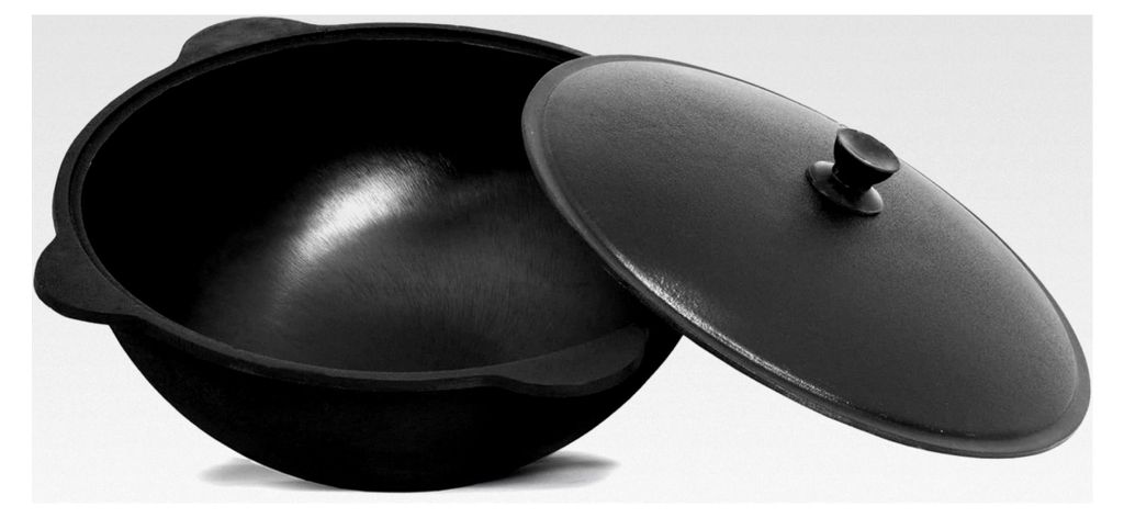 Kazan aus Gusseisen 12 L mit Aluminiumdeckel flacher Boden Usbekischer Schwenktopf