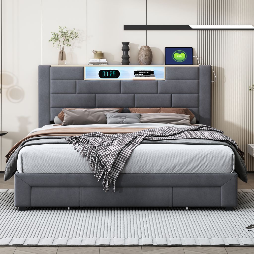 Polsterbett mit Stauraum 160x200 cm, LED-Lichtband und Ladeanschluss, 3 Schubladen, Velours, Grau, modernes Design, ideal für Schlafzimmer, funkti...