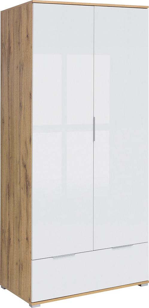 Schrank Selma mit 1 Schublade und 2 Türen, Weiß und Holzoptik, 195cm