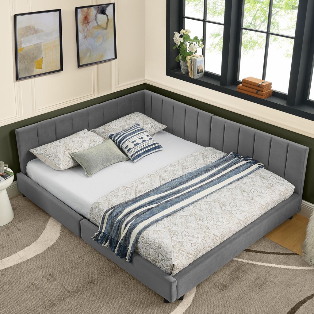 MODFU Kinderbett ohne Matratze 160x200 Jugendbett Doppelbett mit hoher Rückenlehne,Bettgestell aus Eukalyptus-Holz mit sanfter Oberfläche,Dunkelgrau
