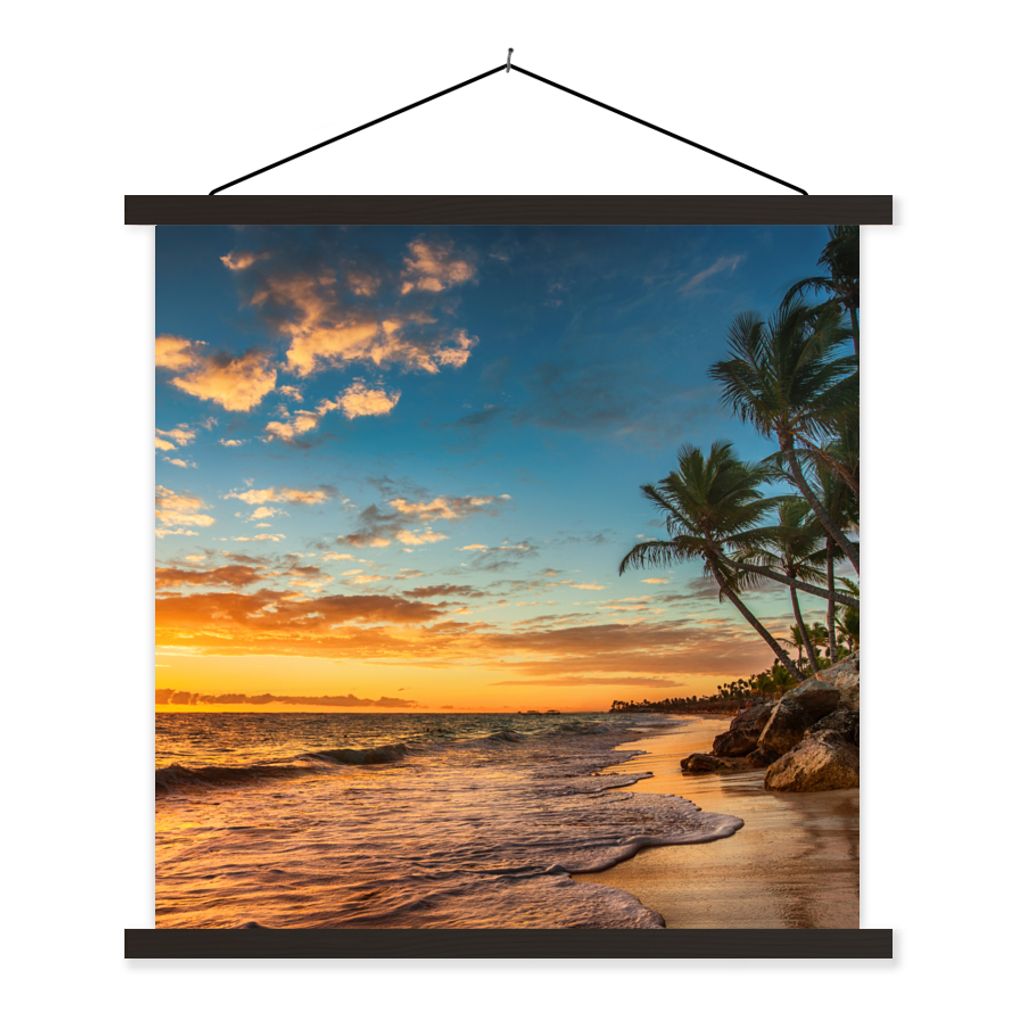 MuchoWow Textilposter Strand - Sonnenuntergang - Meer - Palme 90x90 cm mit schwarzem Rahmen - Magnetisches