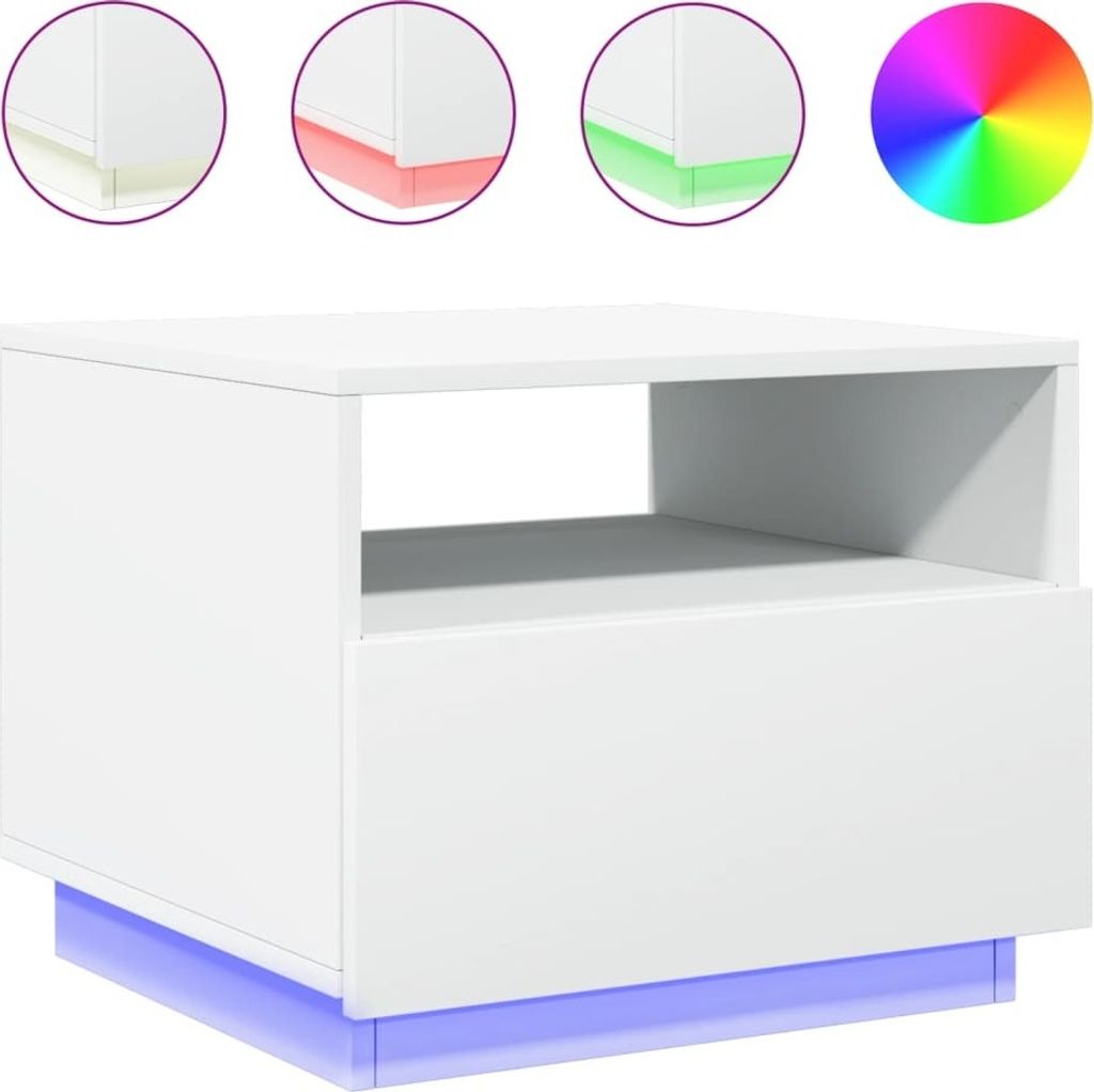 A white side table with LED lights is shown from the front, with smaller circular images above showing different LED light colors and a color wheel.
