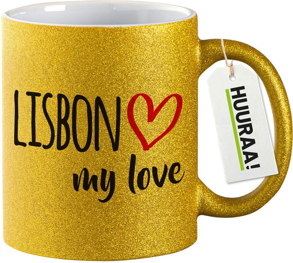 Huuraa Glitzertasse Lisbon my love 330ml Gold Keramik Kaffeebecher Geschenkidee