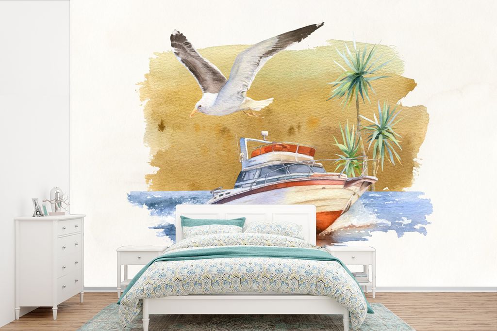 MuchoWow Fototapete für Wohnzimmer oder Schlafzimmer Wandtapete Vinyl Motivtapete Boot - Vogel - Aquarell - 390x260 cm - Papiertapete