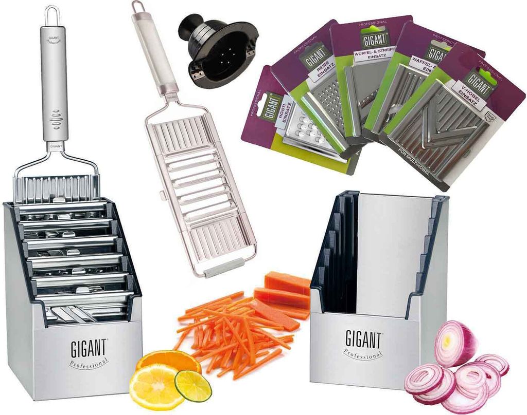 A collage of kitchen graters and slicers, along with some sliced vegetables and fruit.