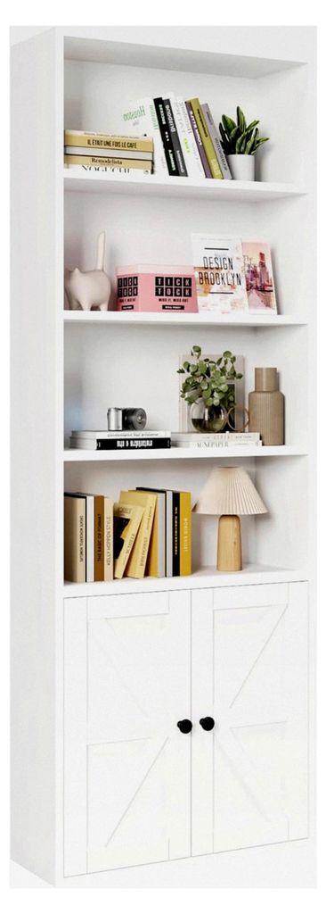 Bücherregal mit 2 Türen und 6 Fächern, Vitrinenschrank aus Holz, Küchenschrank für Wohnzimmer, Schlafzimmer, Büro, 60x23.5x180cm, Weiß
