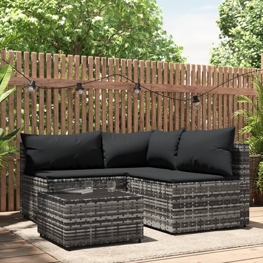 The Living Store 4-tlg. Garten-Lounge-Set mit Kissen Grau Poly Rattan