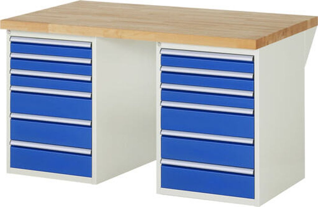 Werkbank mit 12 Schubladen - Vollauszug - 90:6 / 150:6 - 840 x 560 x 900 mm (HxBxT) - Traglast 1.000 kg - Buche