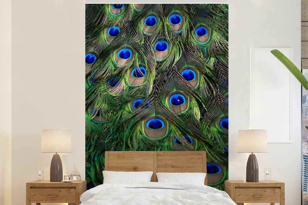 MuchoWow Fototapete für Wohnzimmer oder Schlafzimmer Wandtapete Vinyl Motivtapete Pfau - Federn - Augen - Blau - 195x300 cm - Das Hintergrundbild