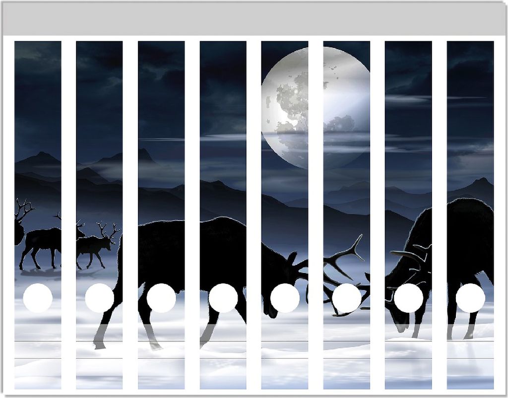 Wallario Ordnerrücken Sticker, selbstklebend für schmale Ordner, 8 Stück, Motiv Elch im Schnee bei Mondschein - Silhouette am Abend