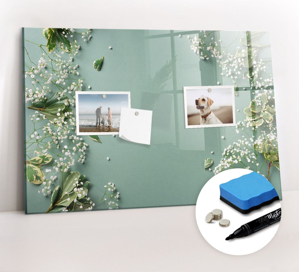 Magnetpinnwand Memoboard - Zubehörsatz - Schwarzer Marker + Schwamm + Magnete - 60 x 40 cm - Zarte Blumen