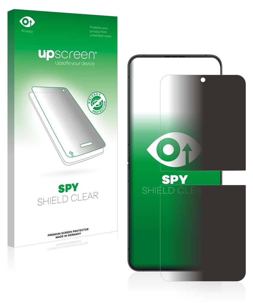 A product package for a phone screen protector, with the product itself shown next to it.