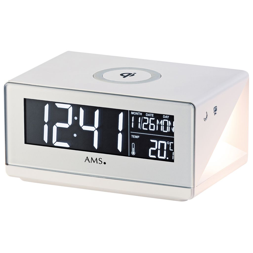 AMS 1300 Wecker Netzwecker weiß digital Snooze mit Aufladegerät für Smartphones