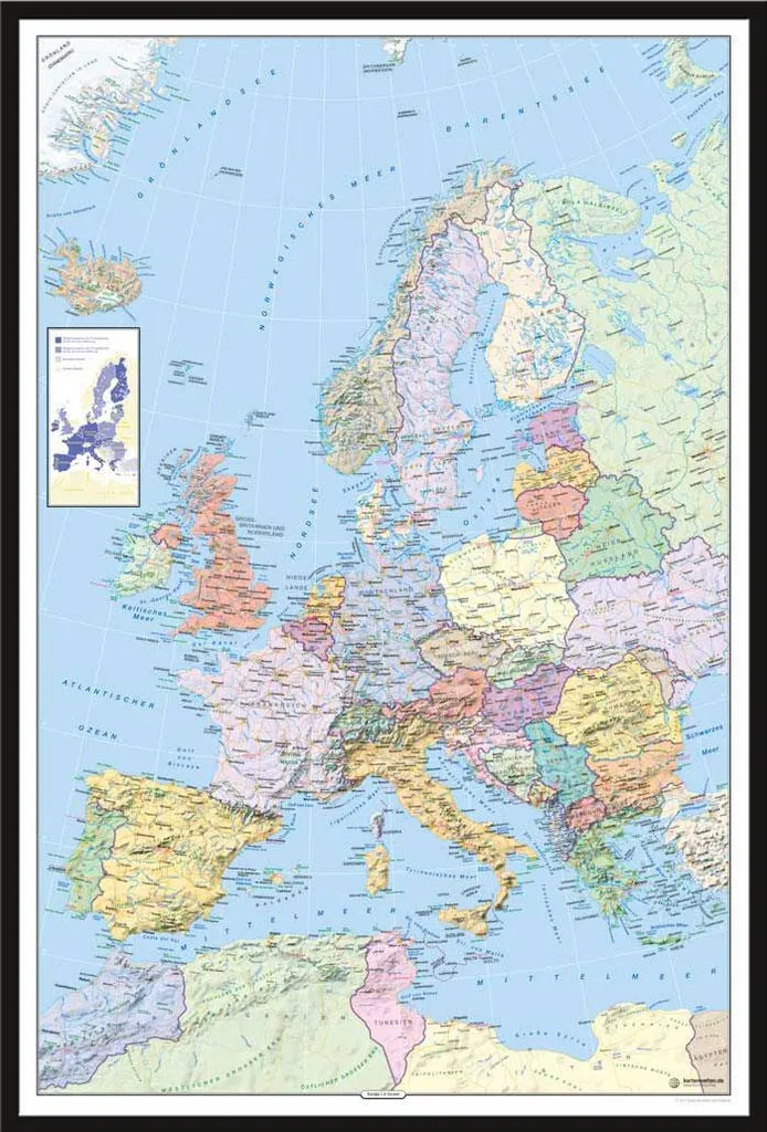 Carte de l'Europe Politique Shinsuke® - Poster Maxi avec Cadre Noir