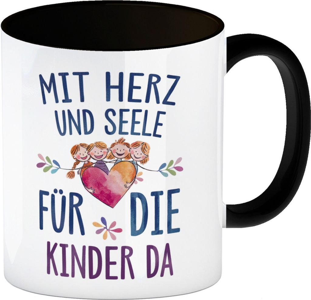 Mit Herz für Kinder da Kaffeebecher in schwarz Herz Umarmt Kinder