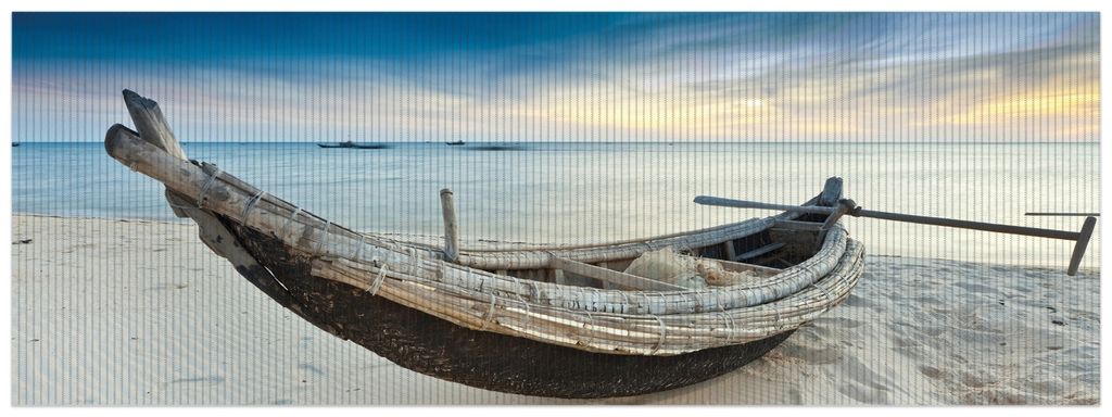 Wallario Duschmatte Antirutschmatte Badmatte Fußmatte Fischerboot am Strand mit Sonnenuntergang, Größe ca. 180 x 65 cm