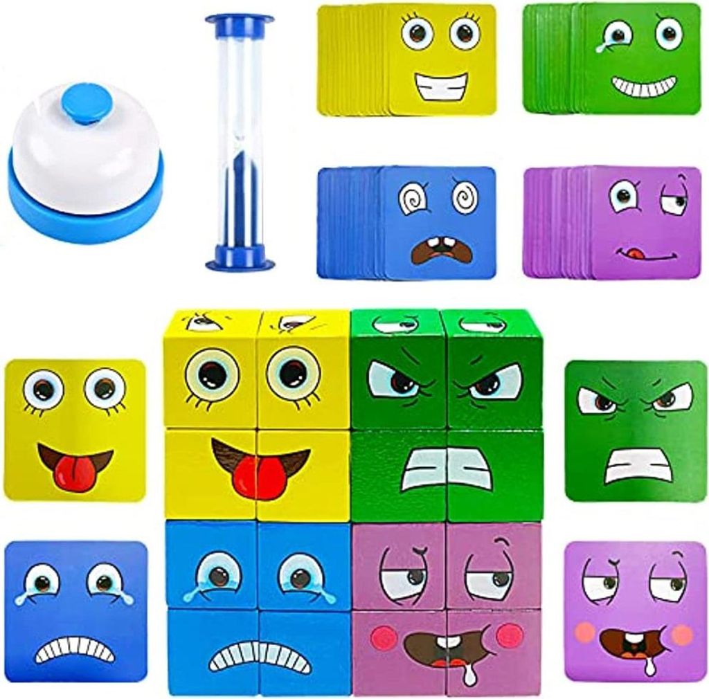 Puzzle Bauwuerfel Ausdruck Holzpuzzle, Gesichter Spiel Ausdruckspuzzle Wuerfel Montessori Lernspielzeug fuer Kinder, Interaktives Knobelspiele