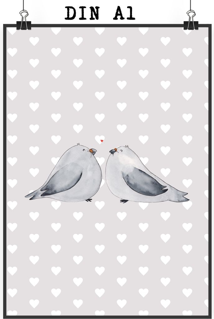 Mr. & Mrs. Panda Bild Turteltauben Liebe DIN A1 - Grau Pastell - Geschenk, drucke, Freundin, Kunstdruck, Wanddekoration, glücklich, Tauben, wandde...