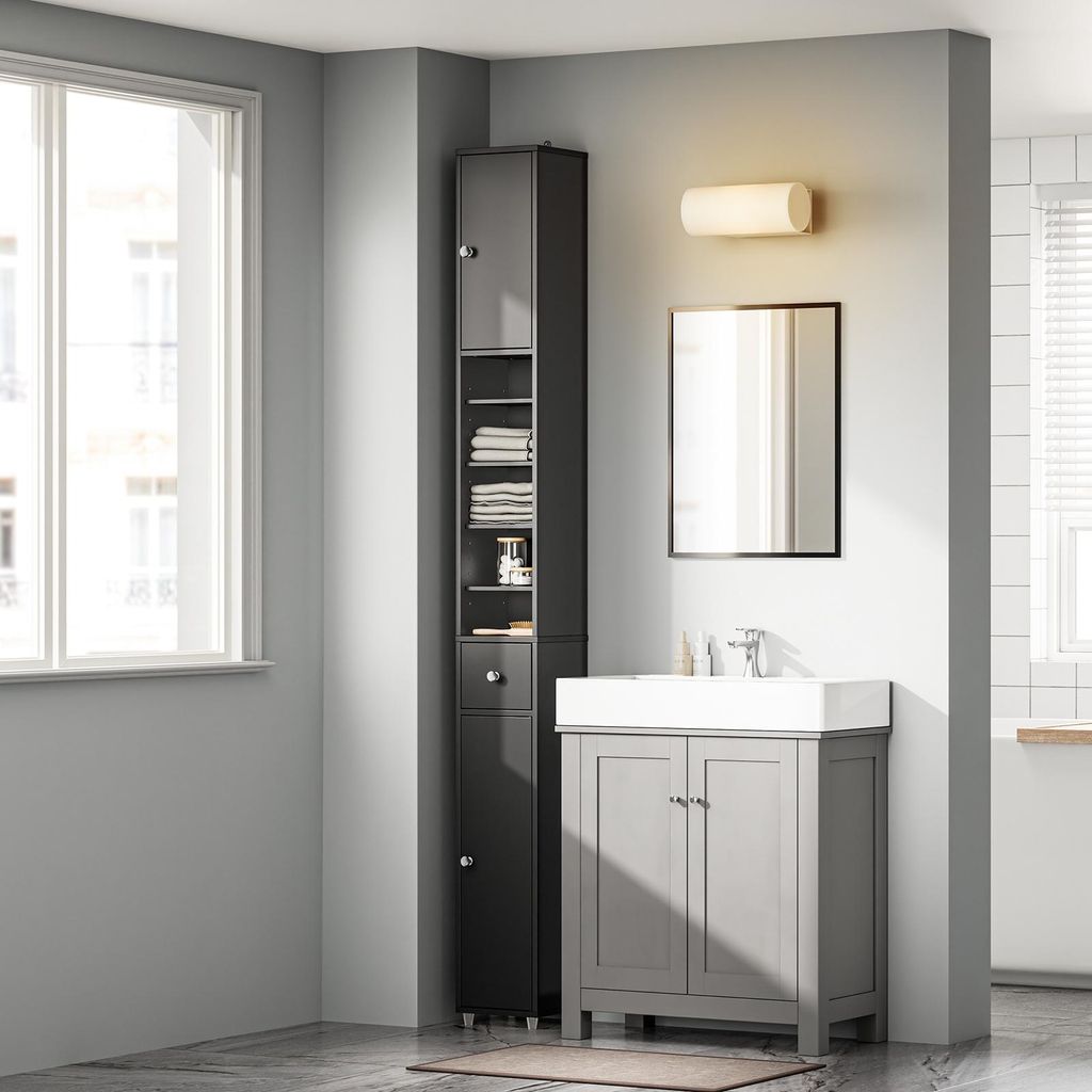 SoBuy Badezimmerschrank Hochschrank für kleine Bäder mit verstellbaren Einlegeböden Platzsparender Schmal Badschrank für Waschbecken BZR34-II-SCH