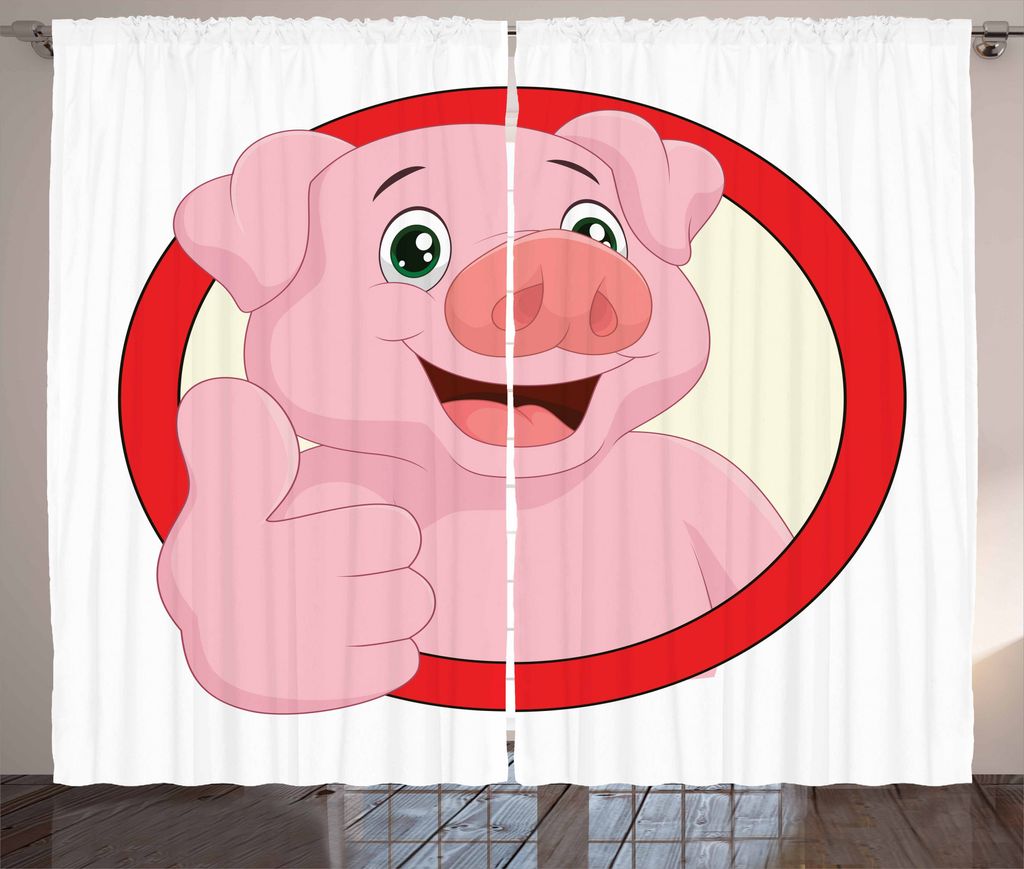 ABAKUHAUS Karikatur Rustikaler Gardine, Schwein-Maskottchen Daumen, Schlafzimmer Kräuselband Vorhang mit Schlaufen und Haken, 280 x 175 cm, Vermil...