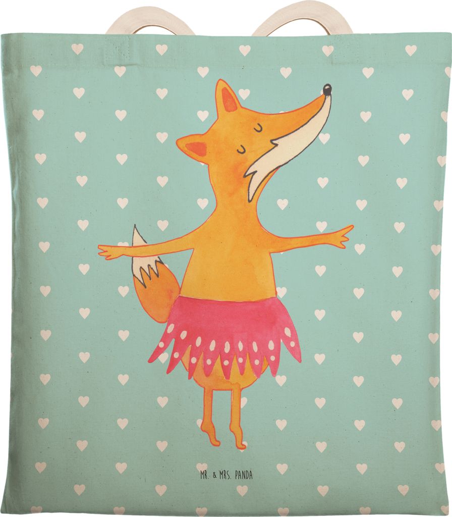 Mr. & Mrs. Panda shopping bag Fuchs Ballerina - Türkis Pastell - Geschenk, Tragetasche, Stoffbeutel, Tote, Geburtstag, Beutel, Füchse, Beuteltasc...