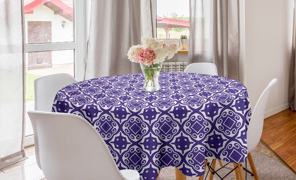 ABAKUHAUS Jahrgang Runde Tischdecke, Geometrisches Motiv, Kreis Tischdecke Abdeckung für Esszimmer Küche Dekoration, 150 cm, Blau Violett Weiß