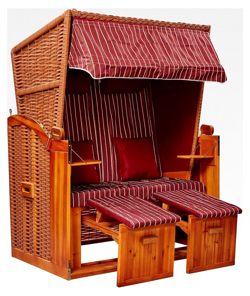 Strandschönheiten Sophia Ostsee Strandkorb | 2-Sitzer Vollholzfront mit Schutzhülle | Burgund Weiß gestreift | Balkon Terrasse Garten